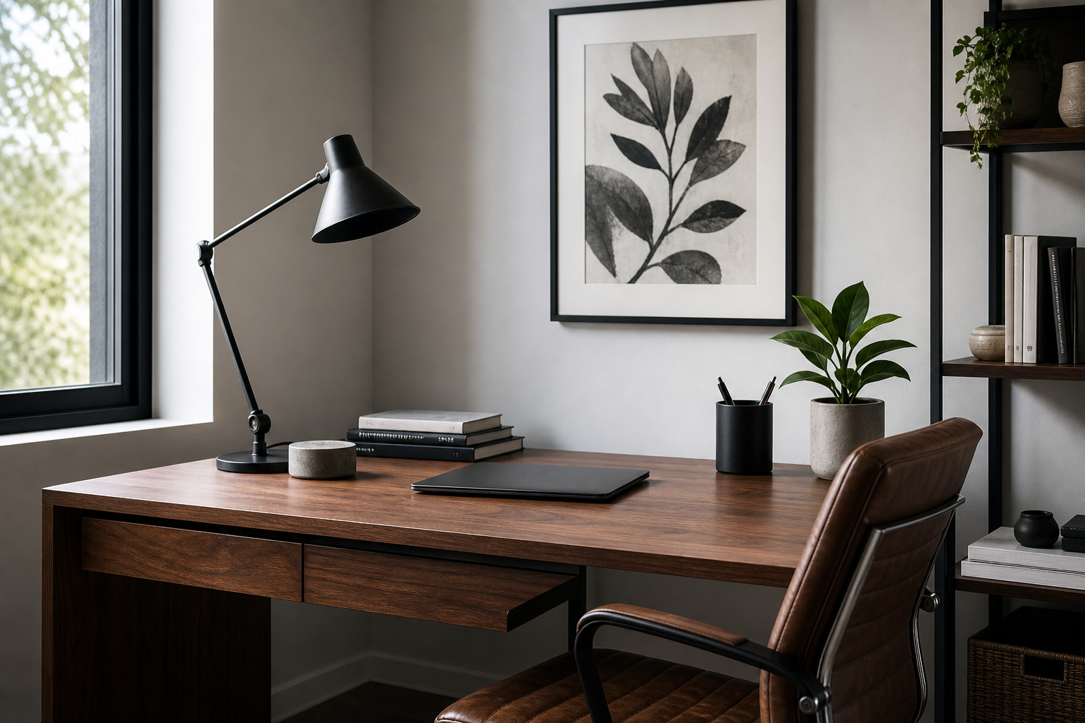 Home office with black and white illustration art