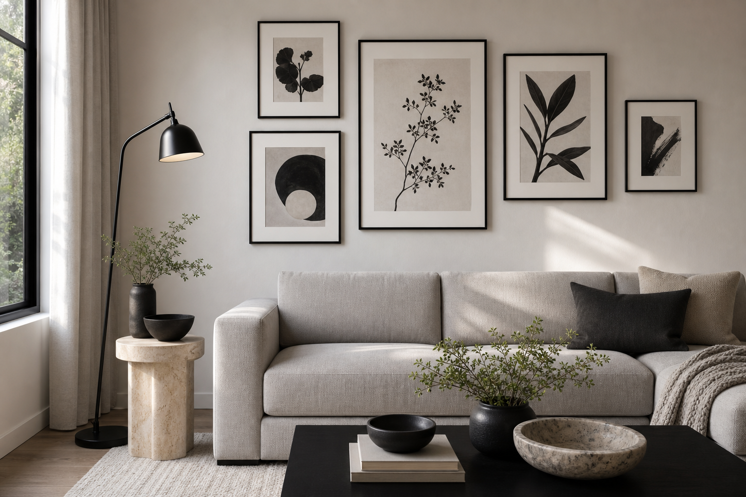 Example monochrome gallery wall above sofa