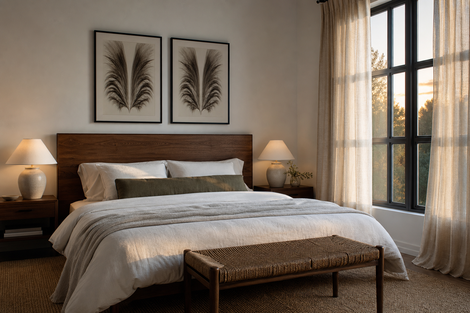 Bedroom showing a paired black and white wall art arrangement
