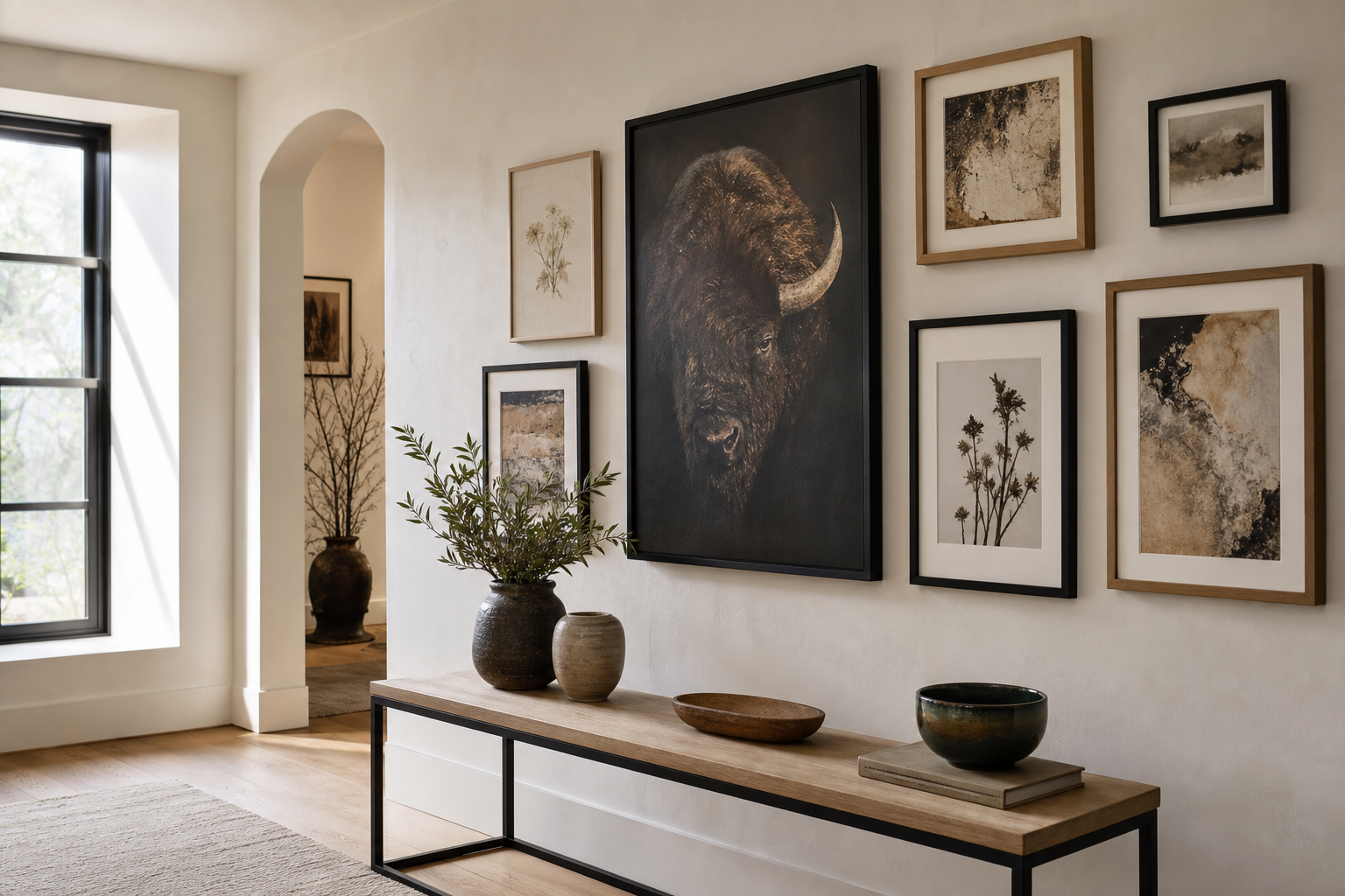 Gallery wall anchored by dark animal portrait