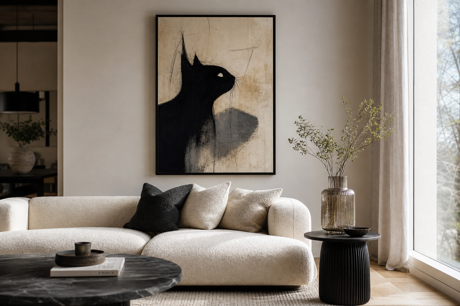 Black cat portrait above sofa in balanced arrangement