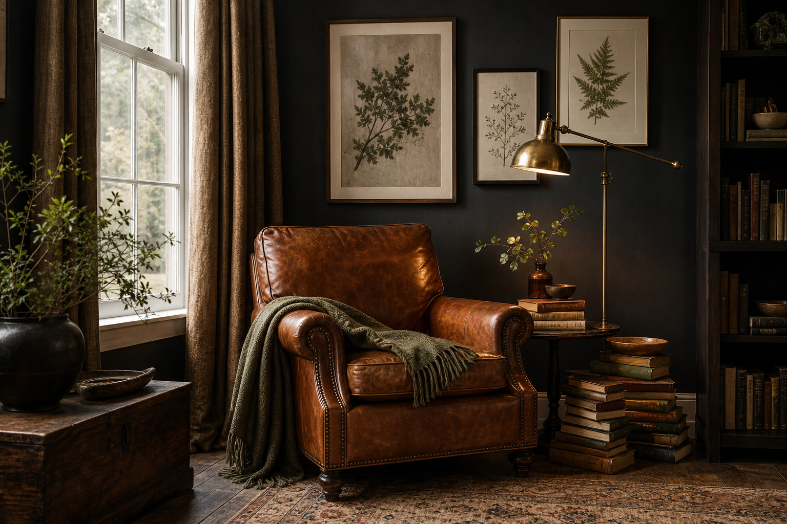 Vintage corner with dark cat-inspired wall styling