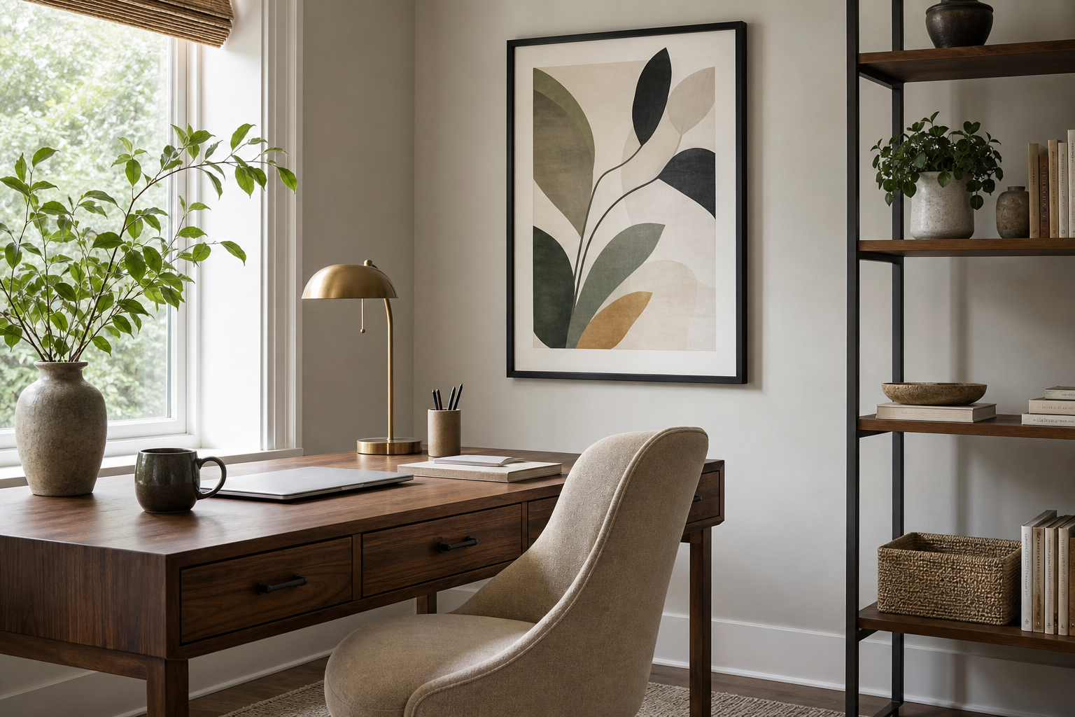 Black dog portrait styled in a calm home office with natural materials