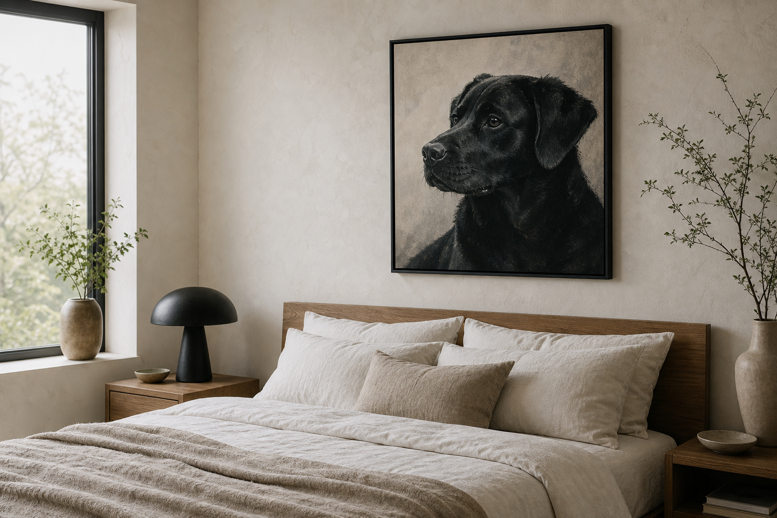 Black dog artwork in a pared-back bedroom with layered textures