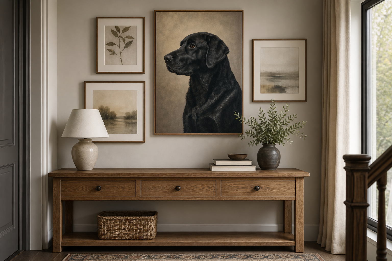 Gallery wall with black dog portrait as the main anchor above a console