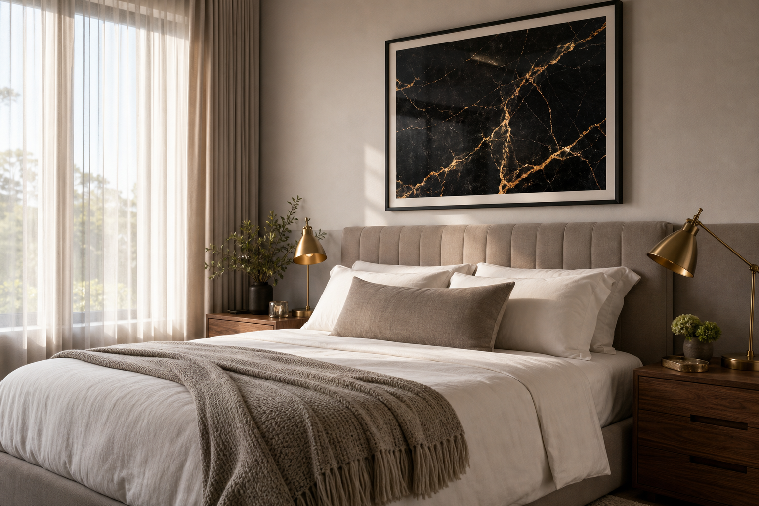 Bedroom with black marble and gold-veined wall art above bed