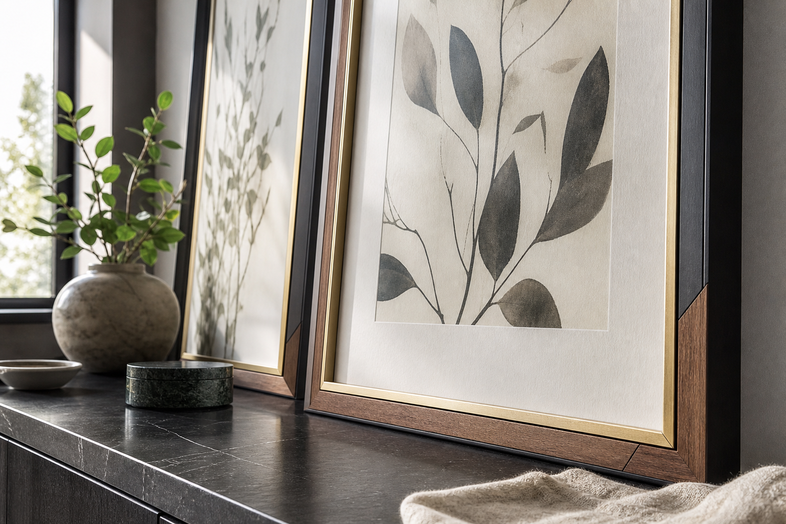 Close-up of frame finishes suited to black and gold marble art