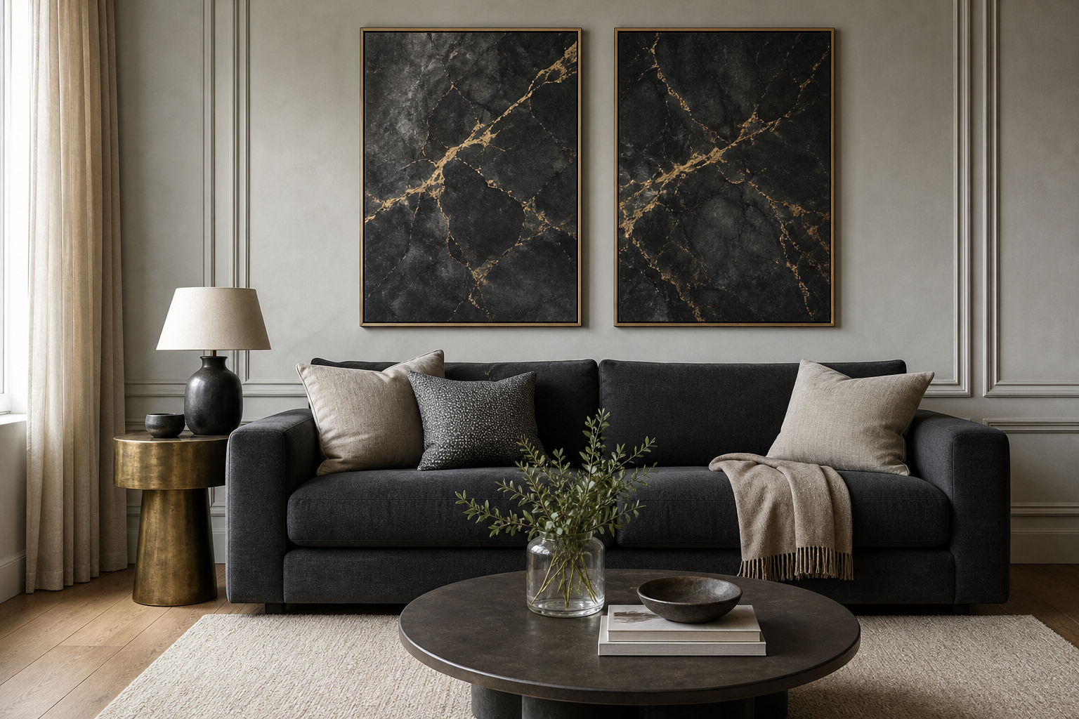 Black and gold marble-inspired art arranged above a sofa