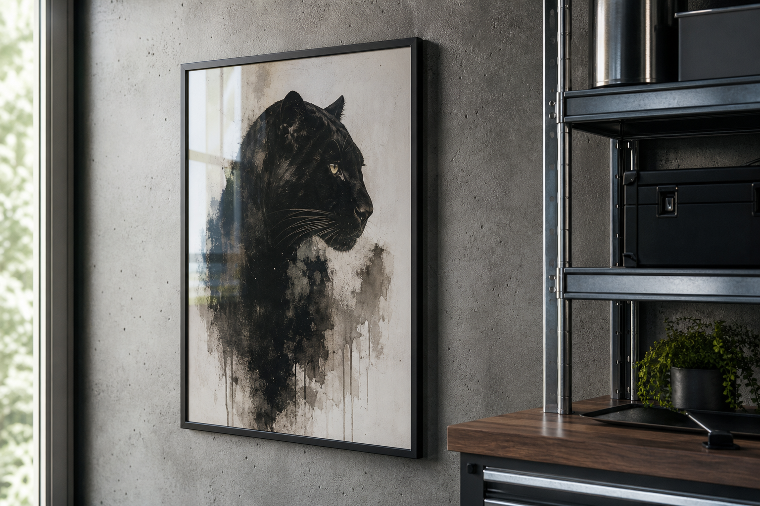 Close-up of black metal frame and garage wall materials