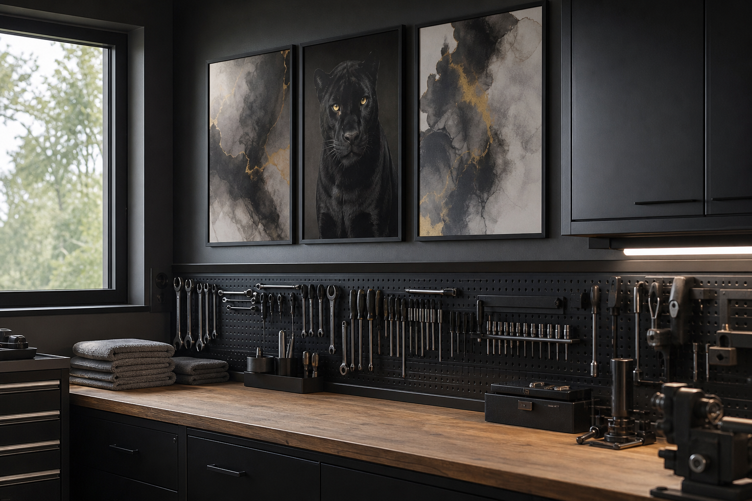 Garage workbench with black panther wall art and dark storage