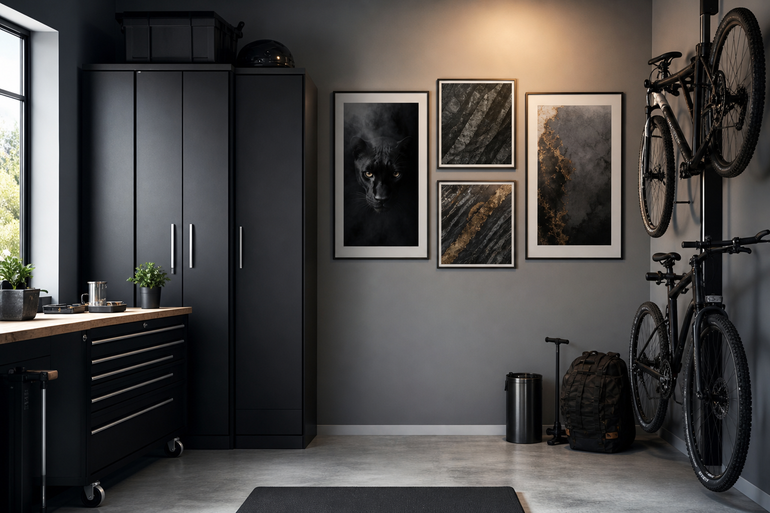 Black panther garage wall arranged beside cabinets and tools