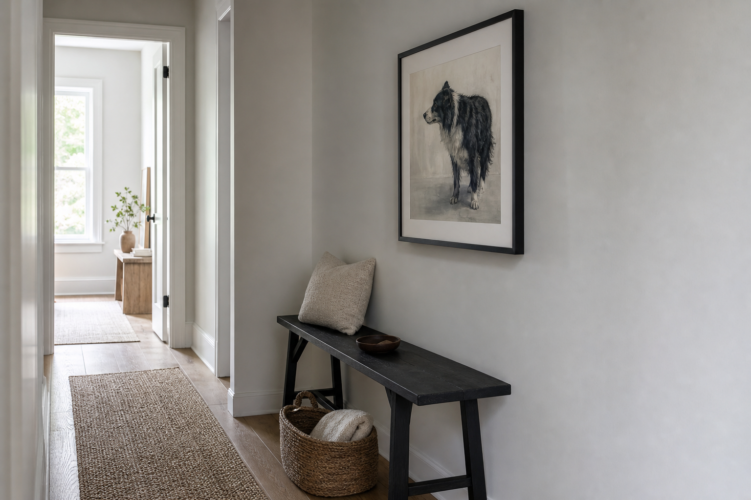 Hallway with framed black sheep dog artwork