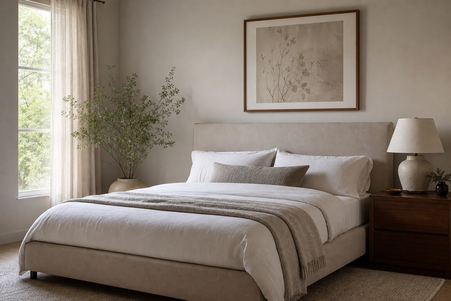 Bedroom with soft black-and-white wall art above the bed