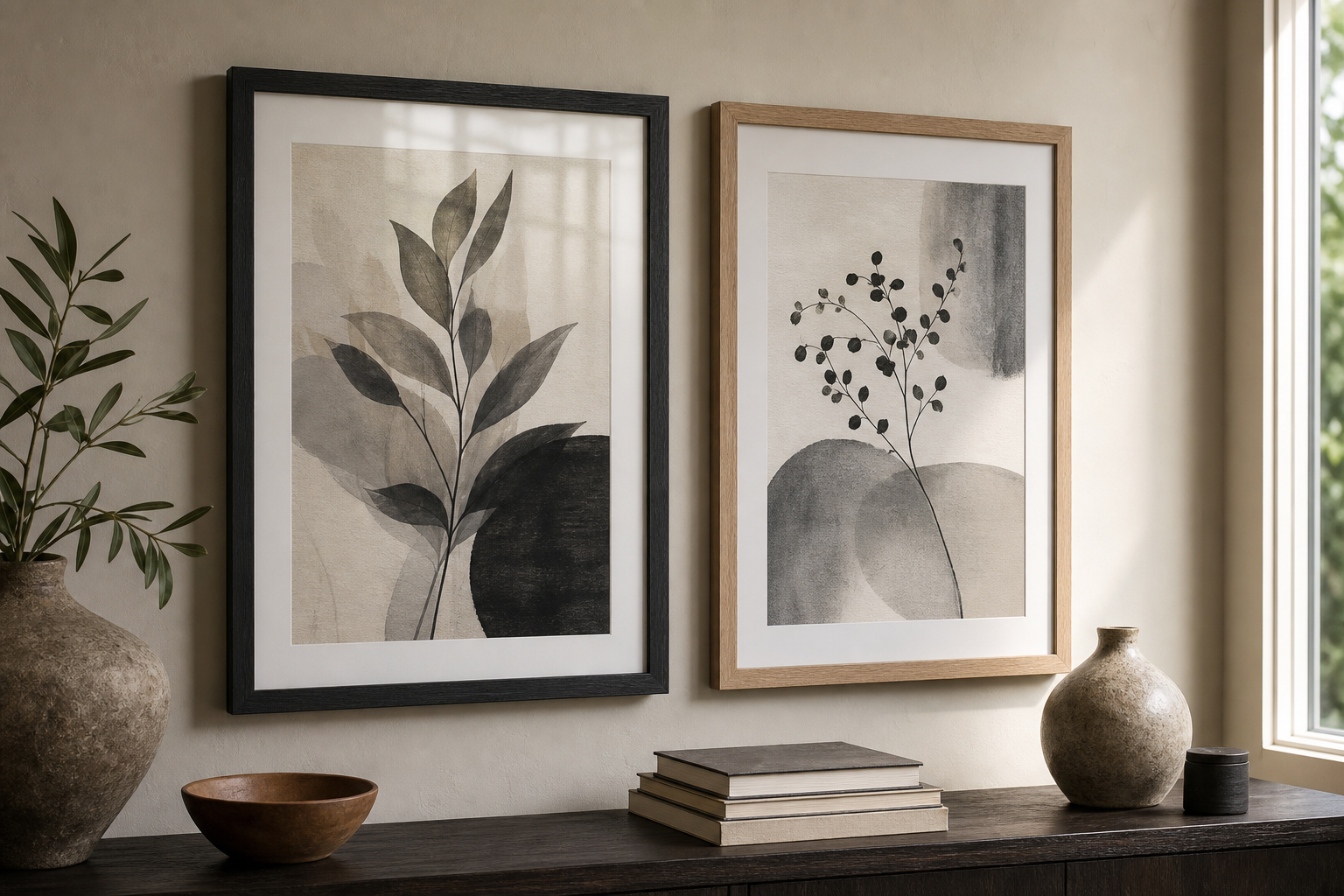 Close-up of black and oak frames with monochrome prints