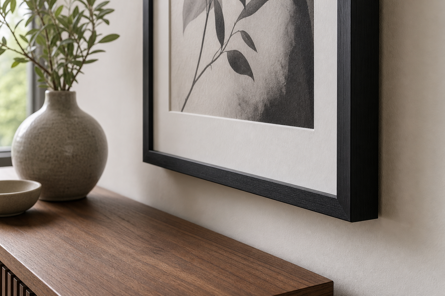 Close-up of black frame and matte monochrome print