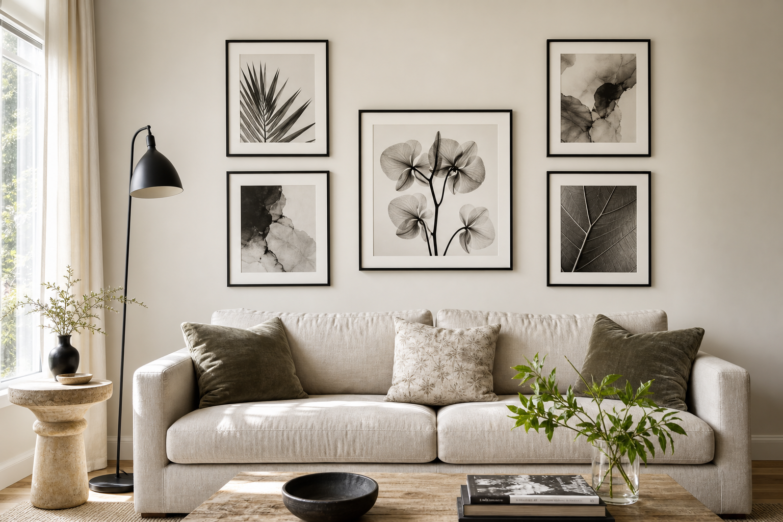 Balanced monochrome gallery wall above sofa