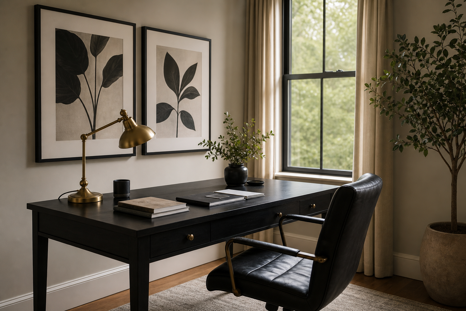 Home office with monochrome photographic wall art