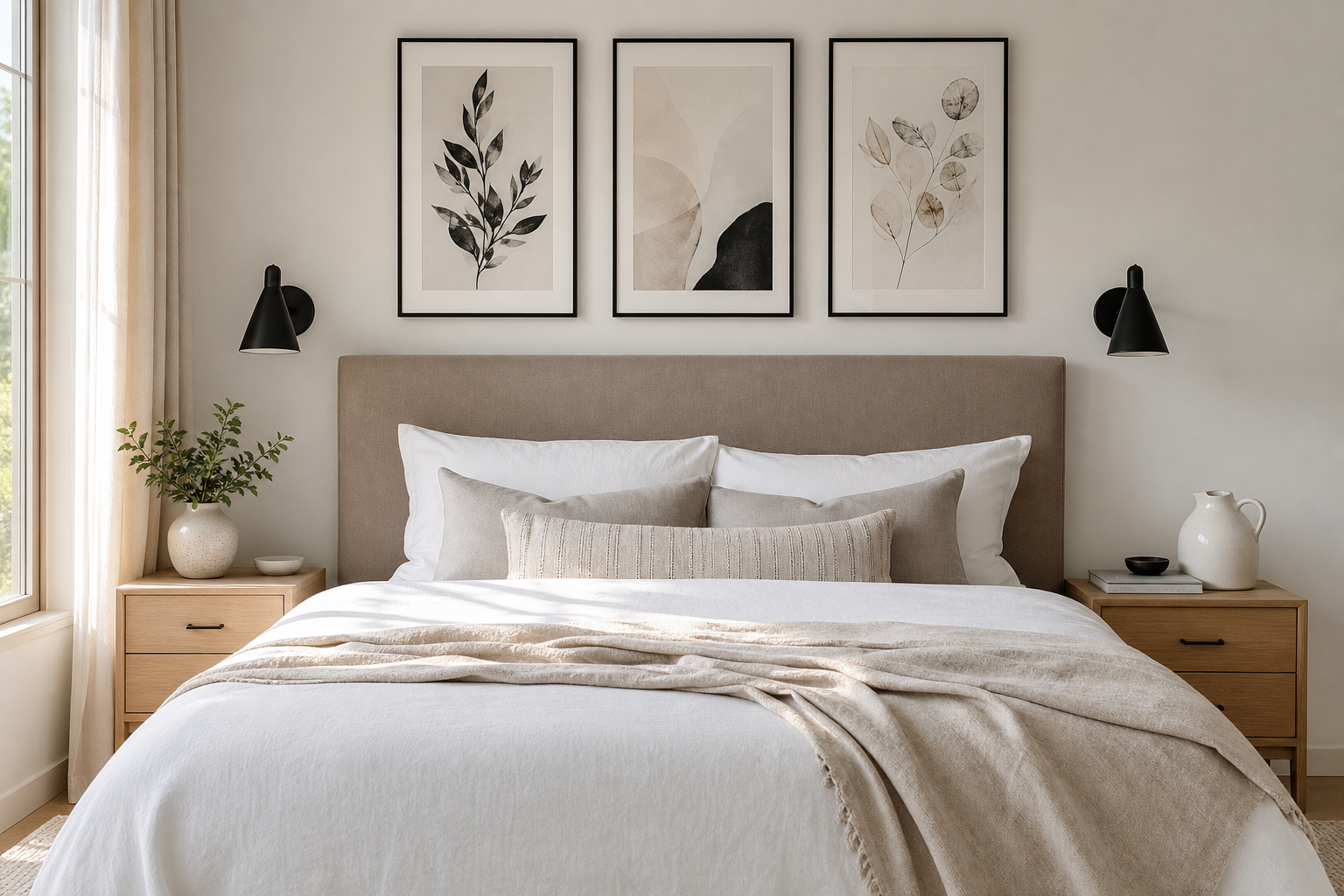 Bedroom wall arrangement with black and white framed prints above bed