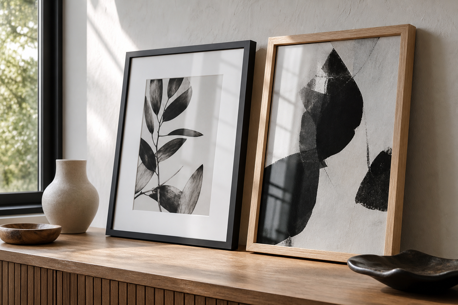 Close-up of black and oak frames with monochrome art