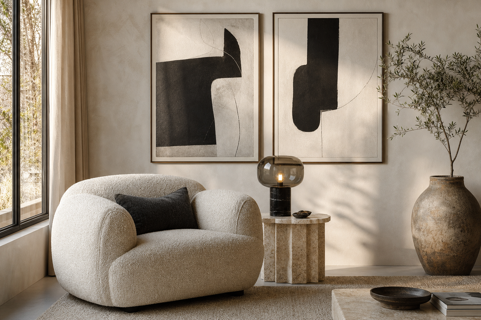Calm living room corner with monochrome abstract wall art
