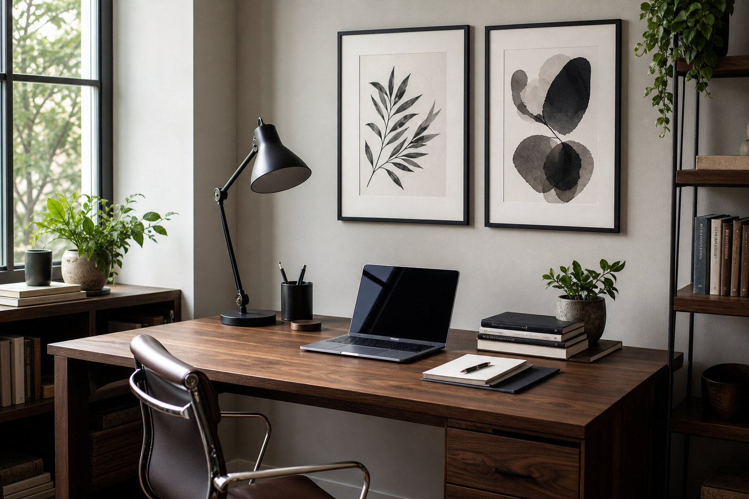 Home office with black and white wall art above desk