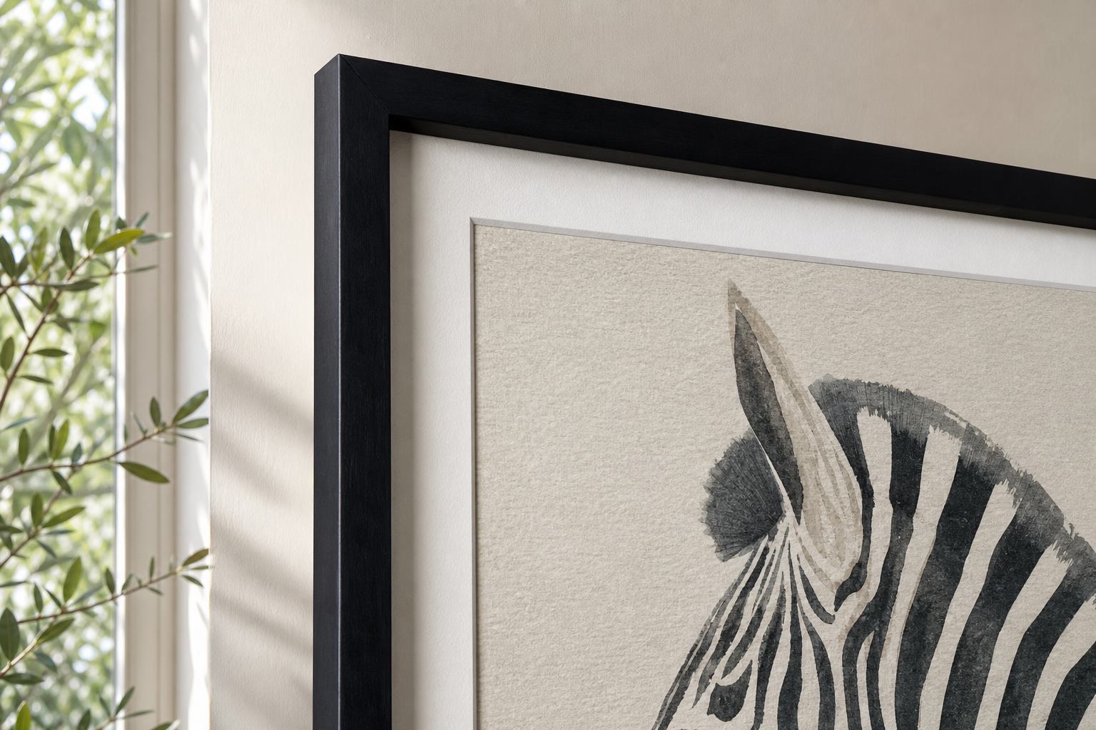 Close-up of zebra artwork frame and material finish