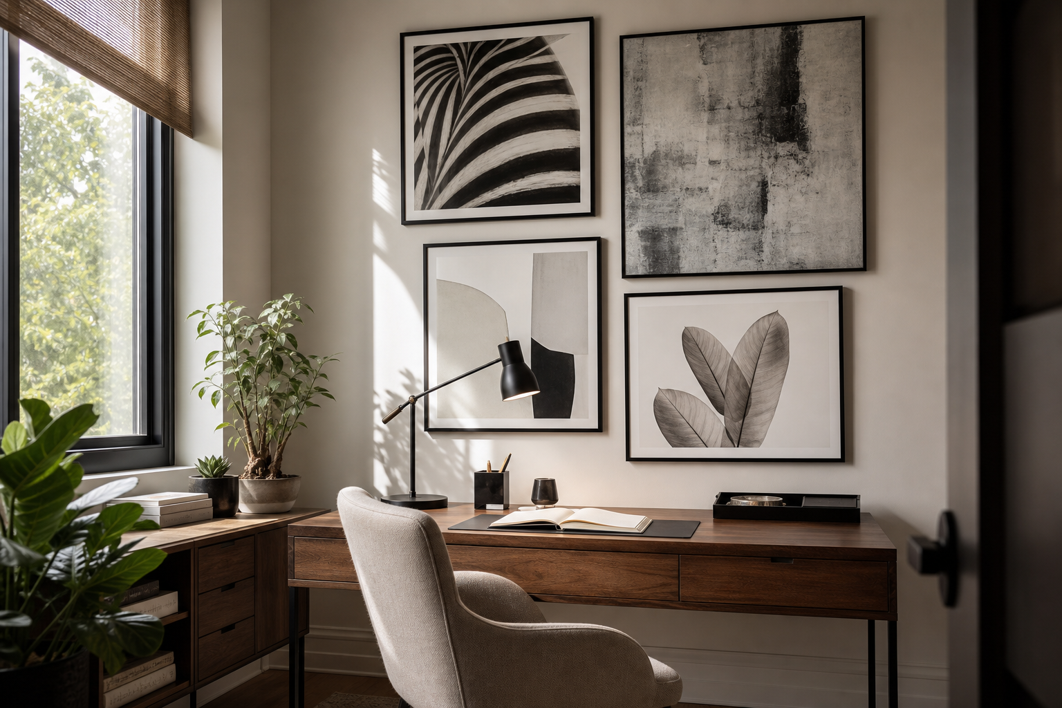 Home office gallery wall with zebra and monochrome prints