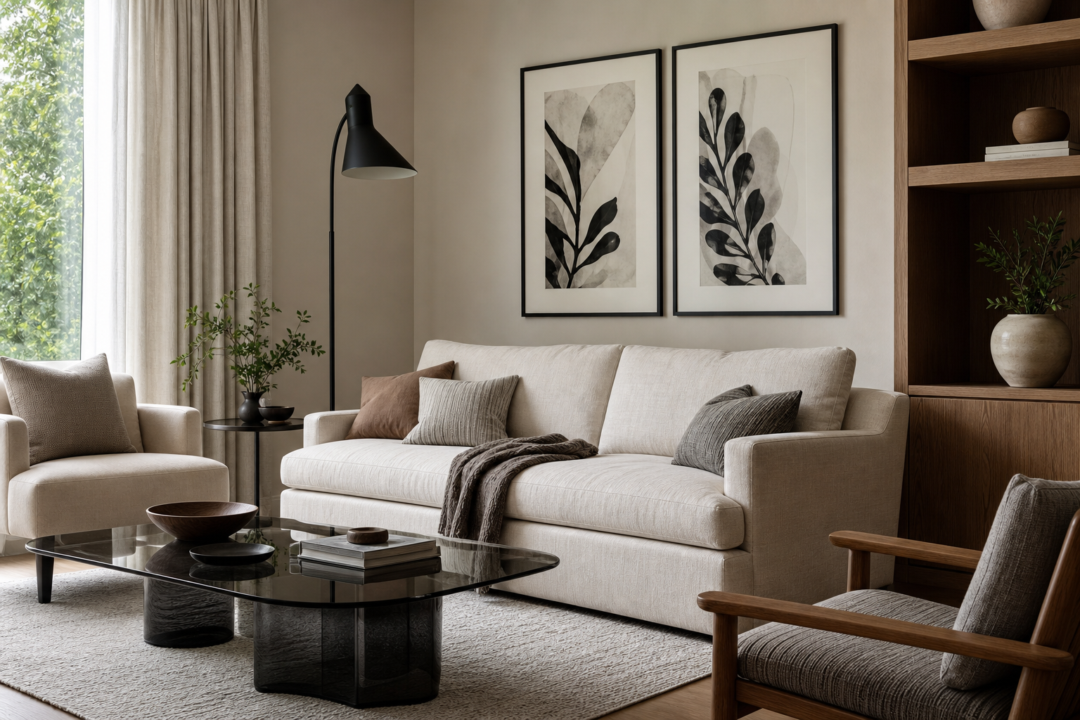 Monochrome sitting area with zebra wall art above sofa
