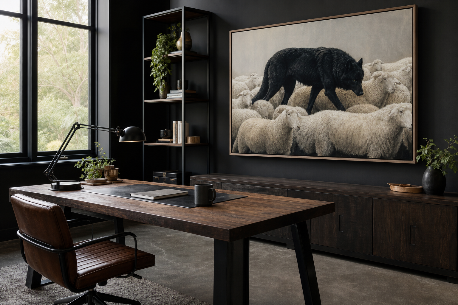 Black Wolf Among Sheep: A Bold Poster Motif