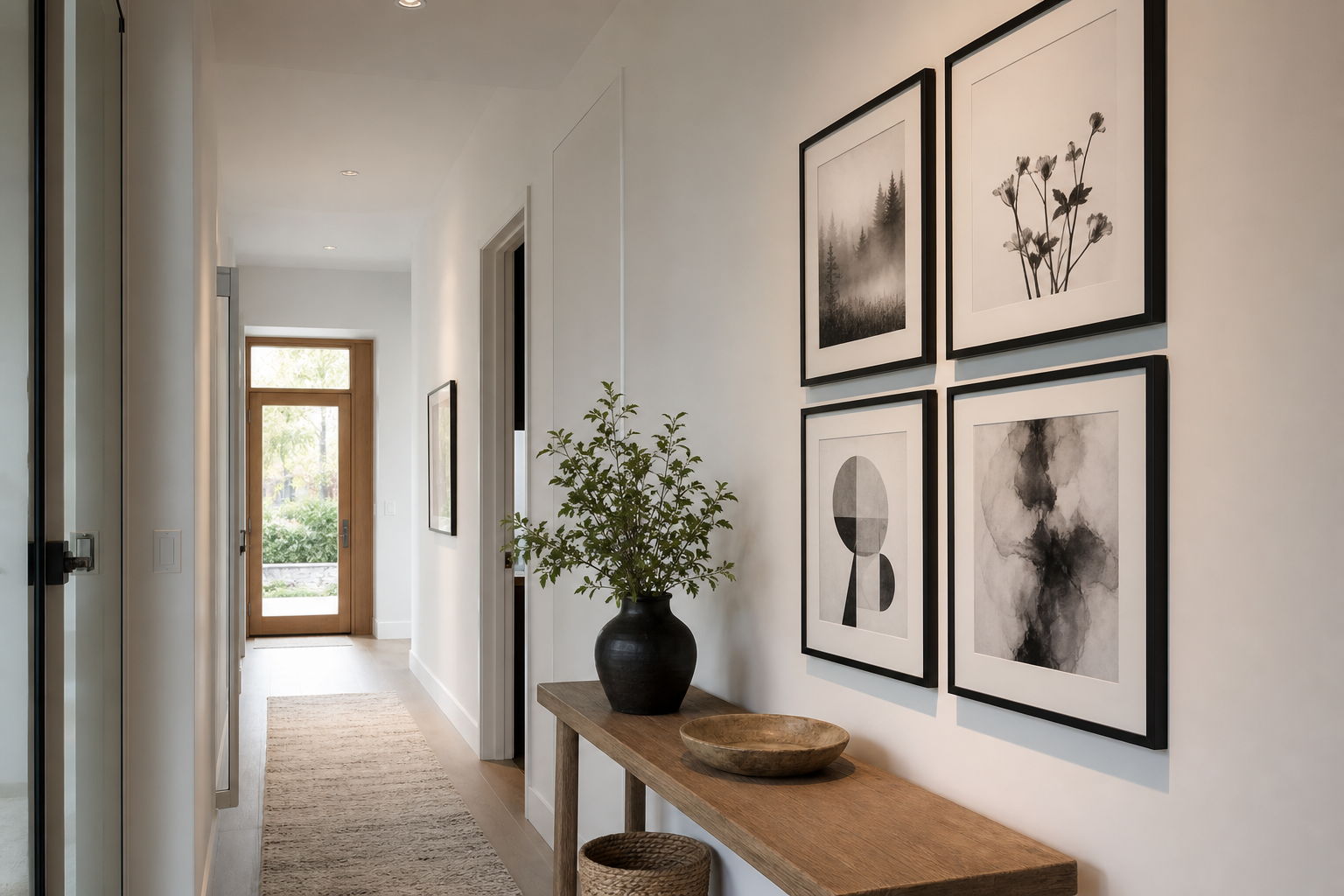 Hallway gallery wall with wolf and monochrome prints