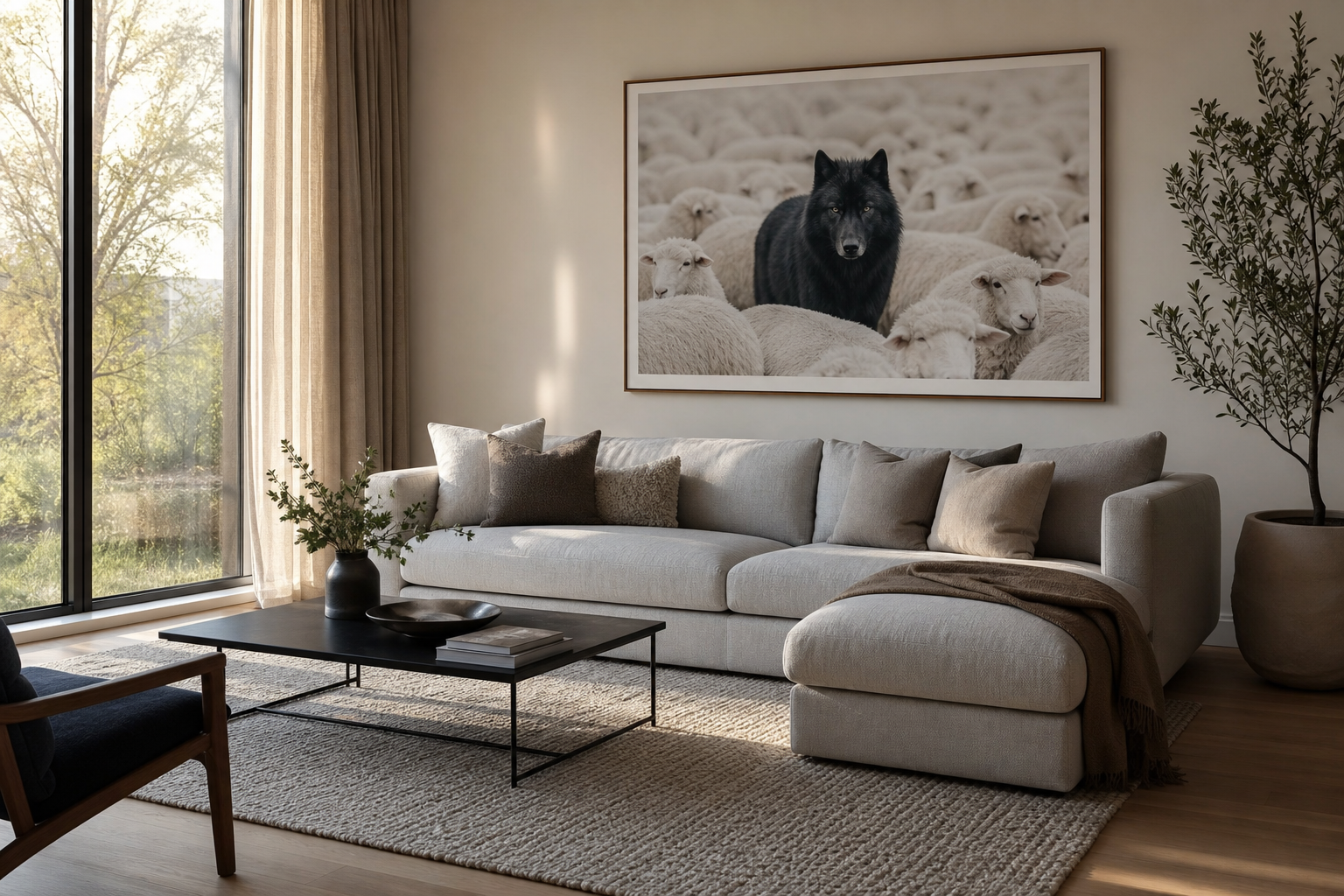 Contemporary living room with monochrome wolf artwork