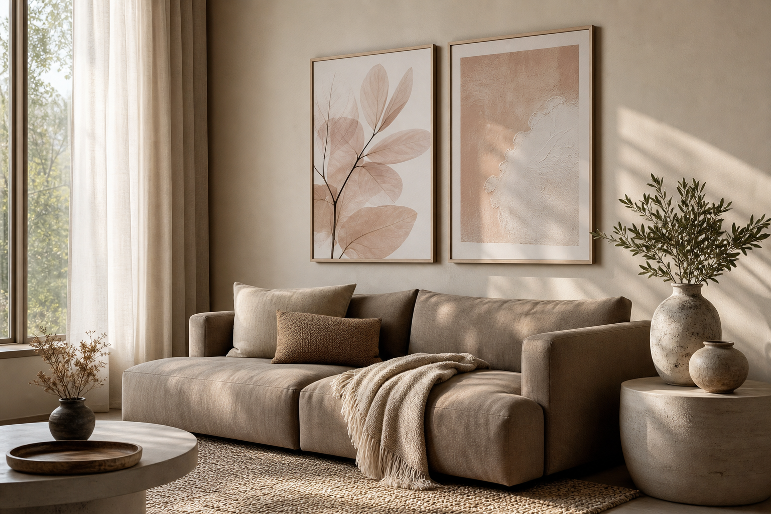 Beige sofa with layered abstract wall art in warm neutral tones