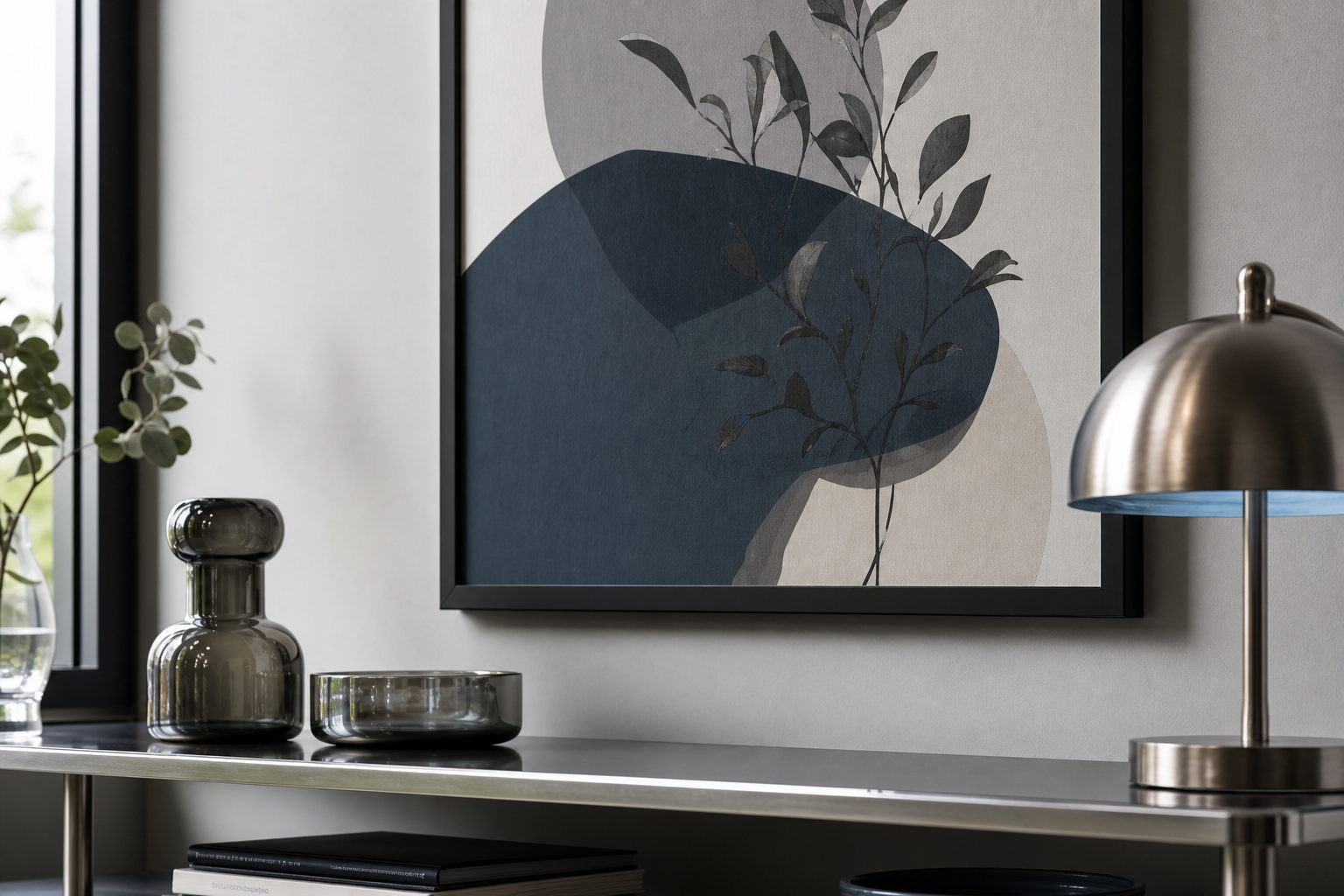 Close view of framed sci-fi print and metallic decor