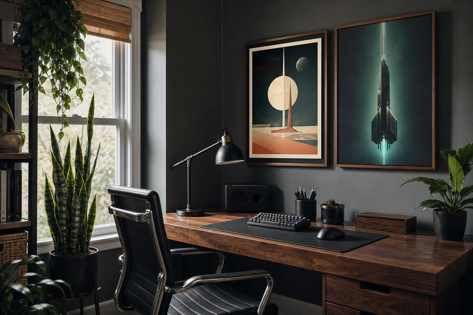 Desk setup with retro and modern sci-fi artwork