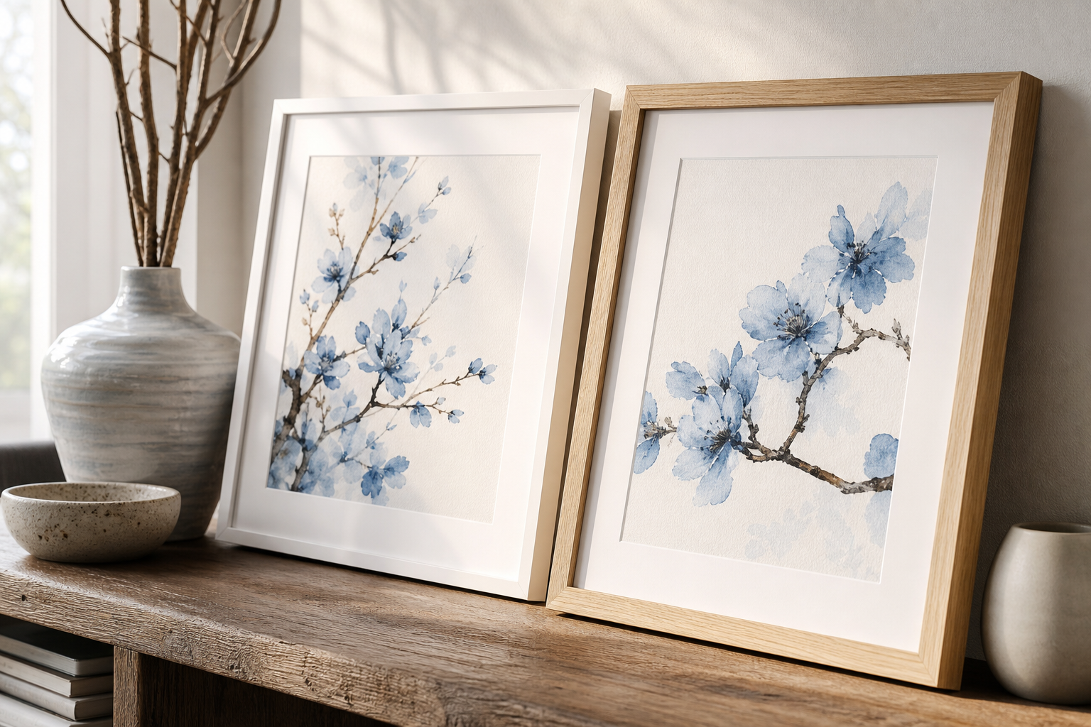 Close-up of blue floral art in oak and white frames