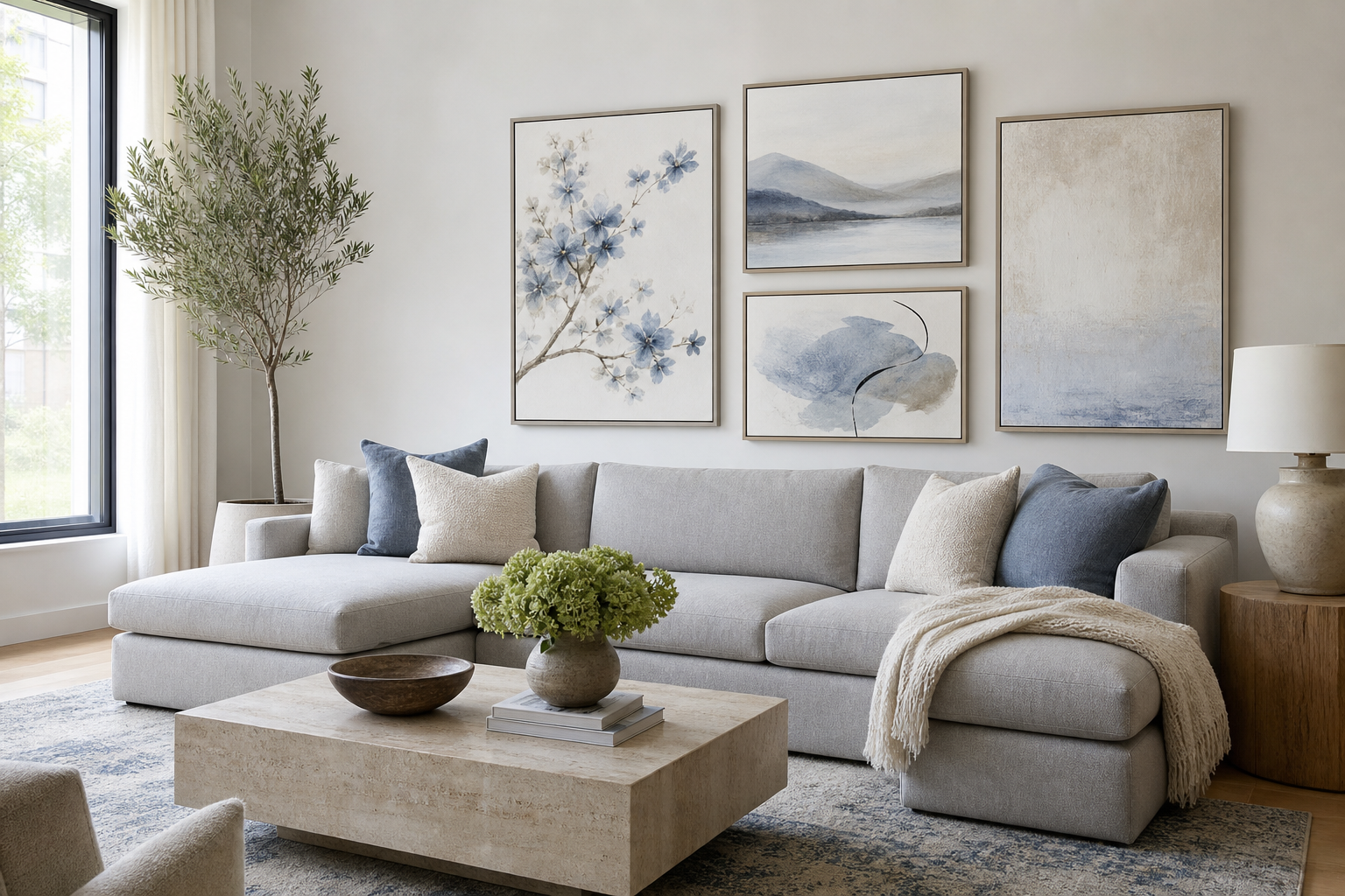 Living room gallery wall built around blue blossom art