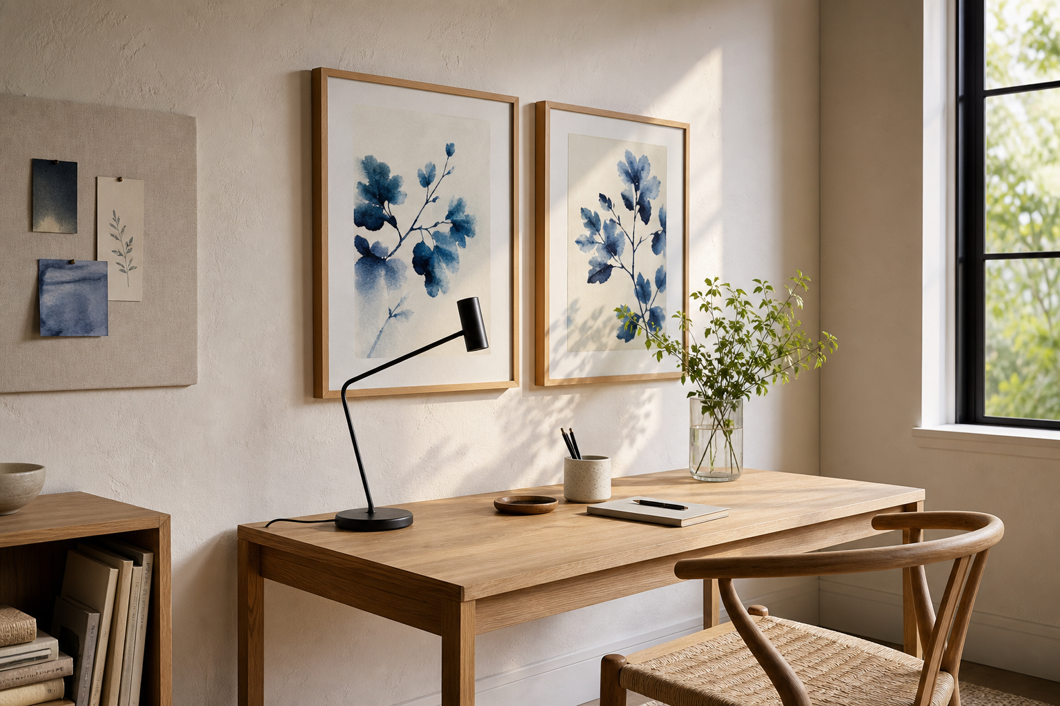 Home office with blue floral wall art above a desk
