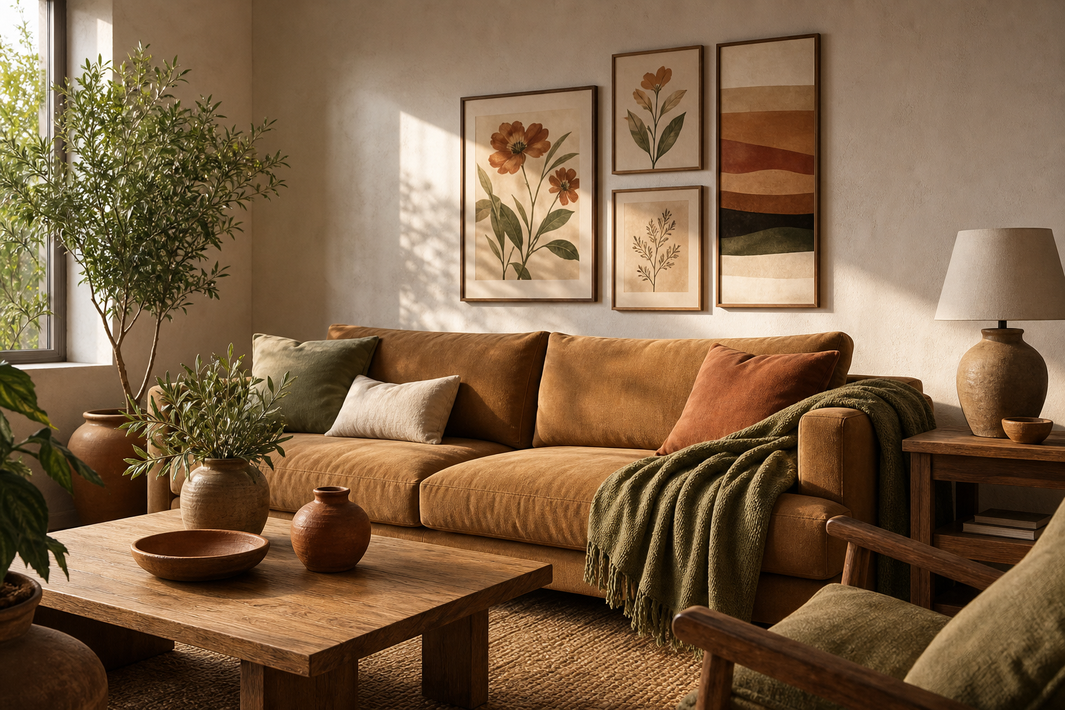Living room with terracotta and olive boho wall art