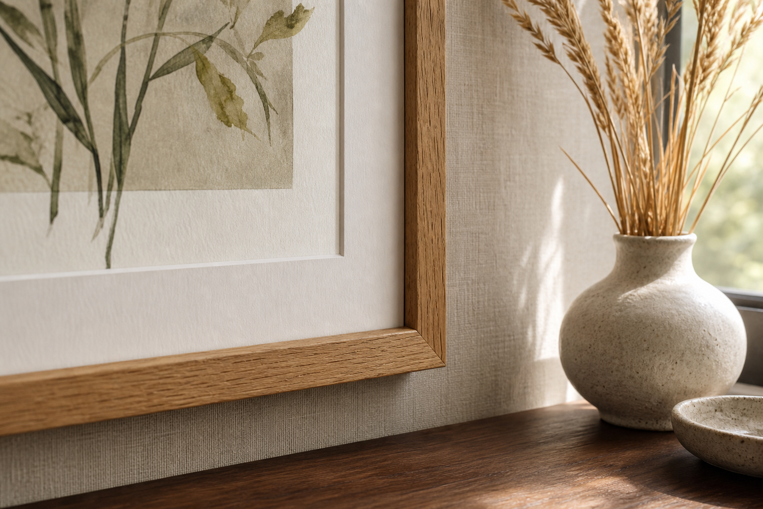 Close-up of oak frame and textured boho art in warm interior