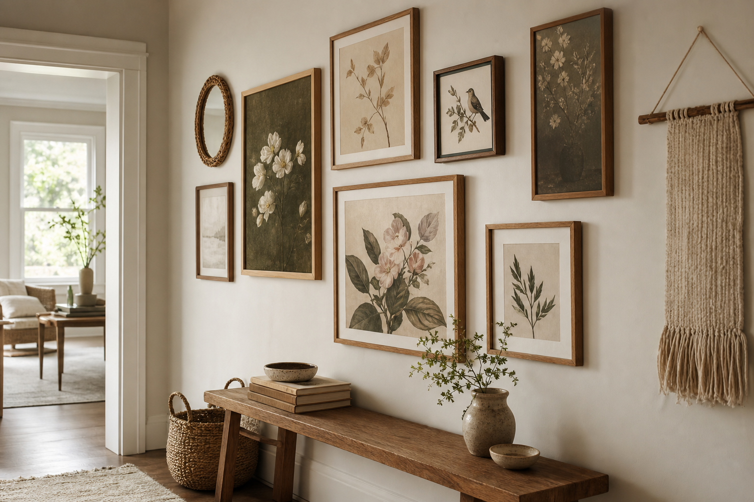 Boho gallery wall mixed with mirror and woven accents