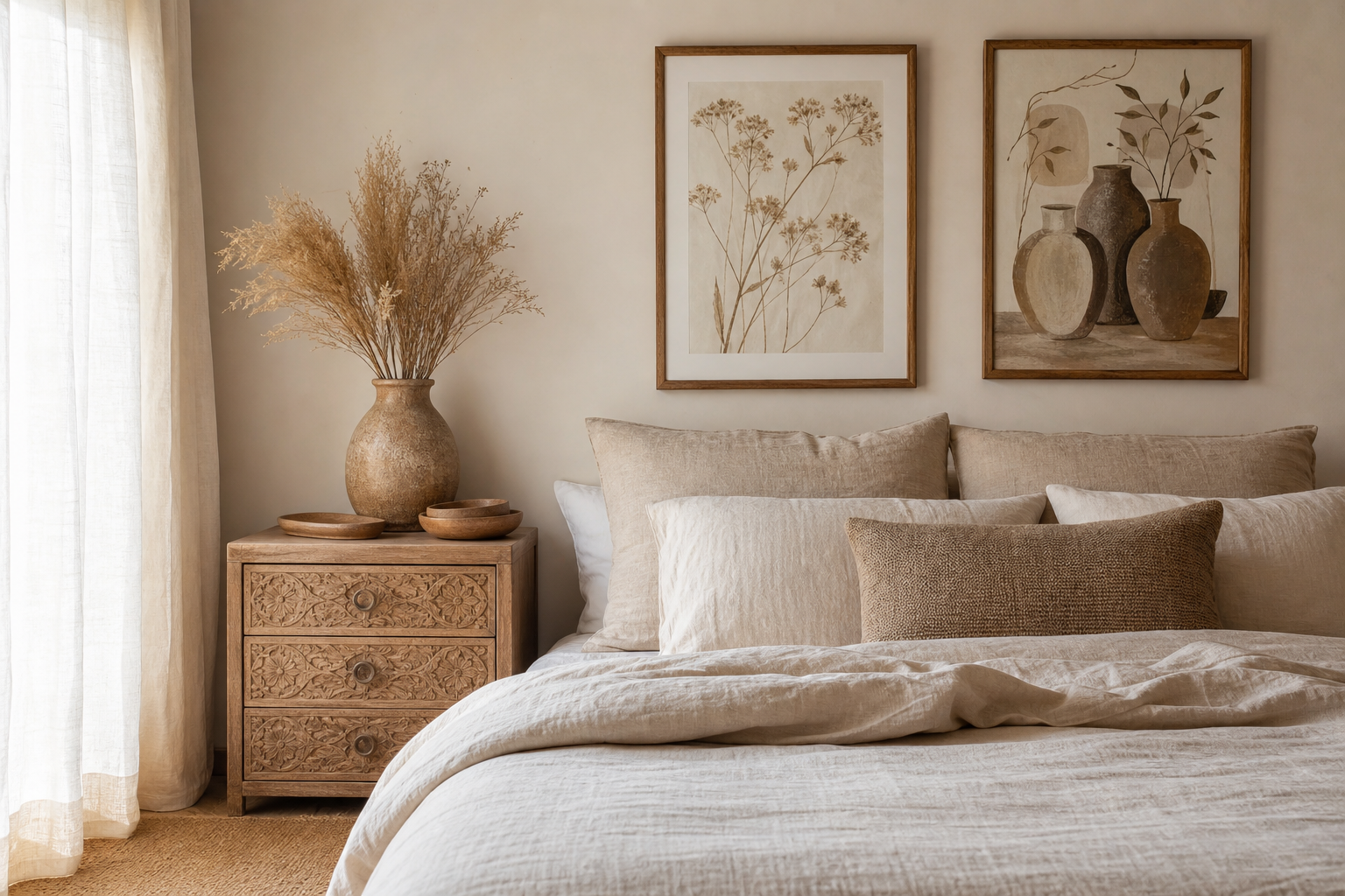 Boho bedroom with two warm framed art prints above the bed