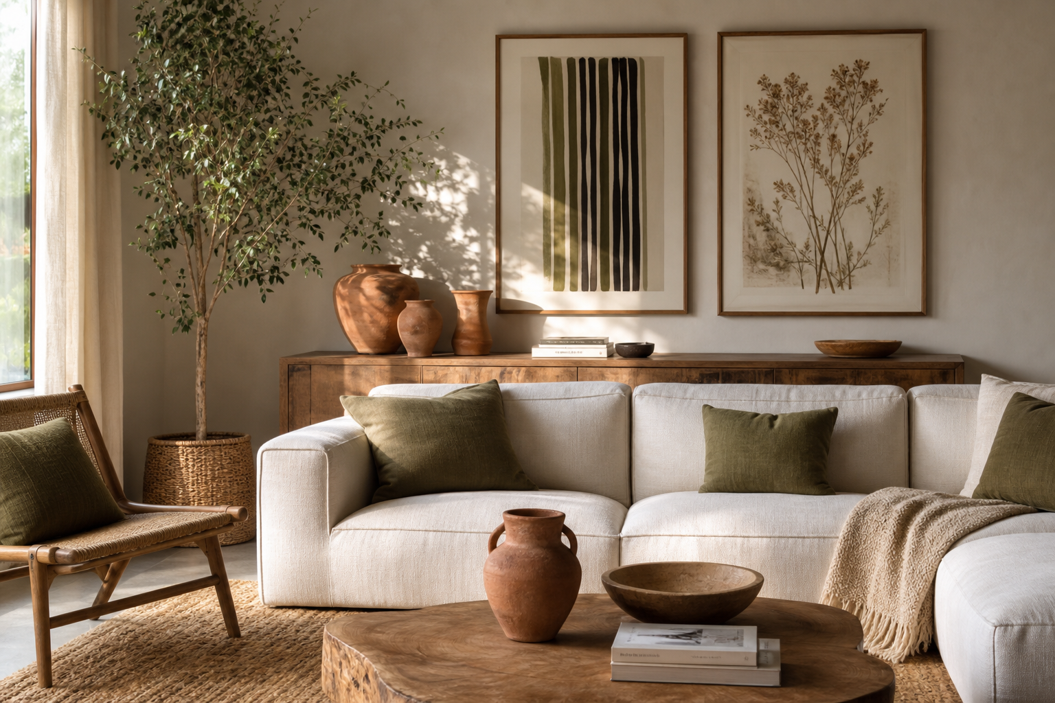 Bohemian living room in terracotta, sand, and olive with framed wall art