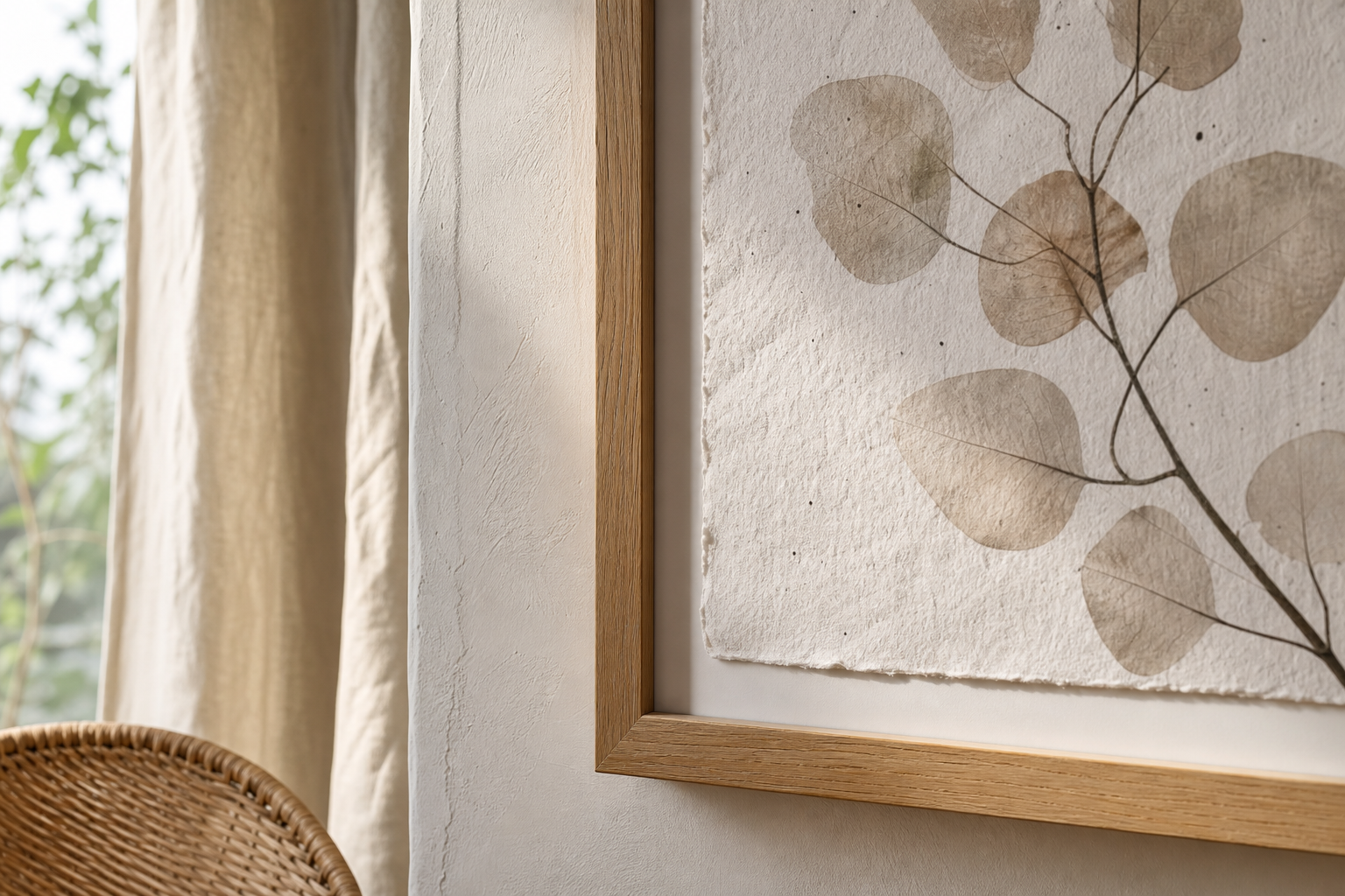 Close-up of wooden frame and textured boho art in natural light