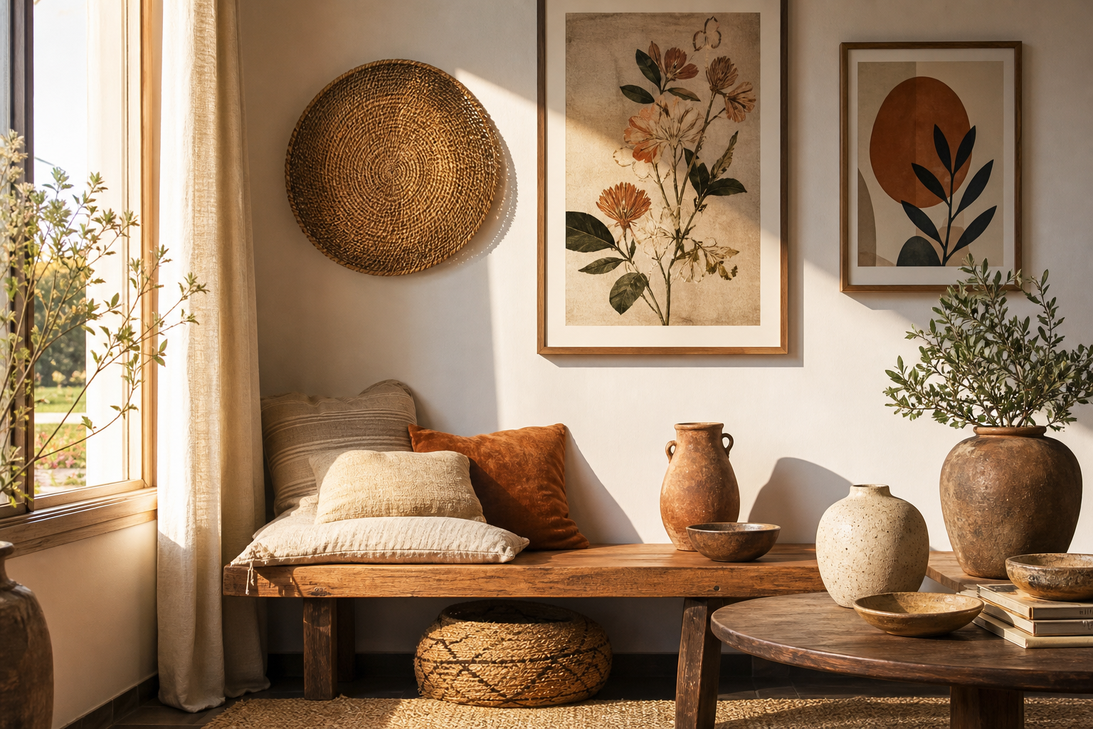 Curated boho living room with wall art, ceramics, and woven textures