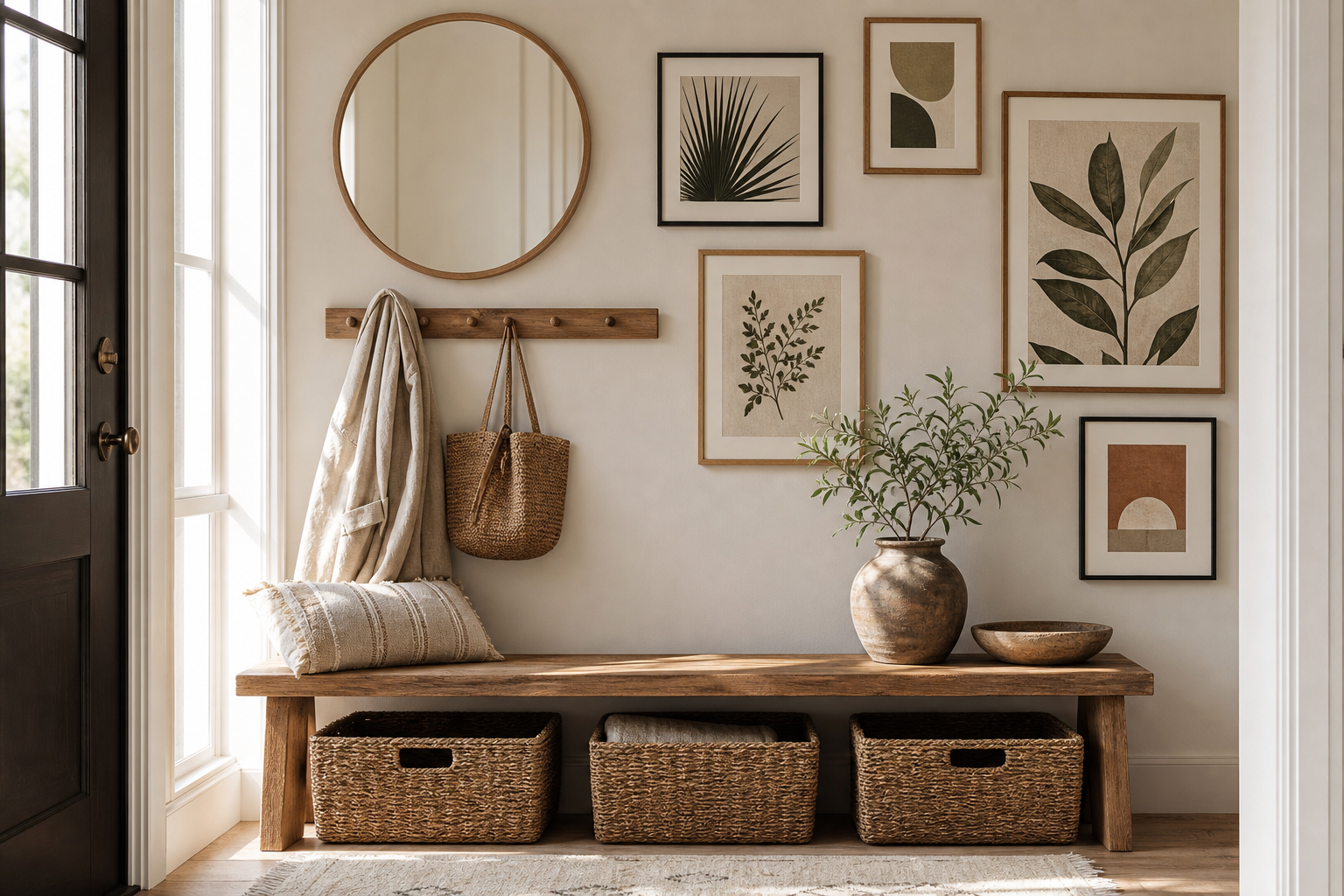 Boho entryway with small framed art and natural textures