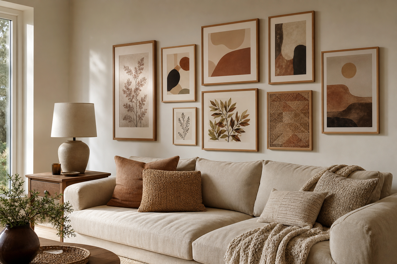 Boho gallery wall above sofa with mixed textures