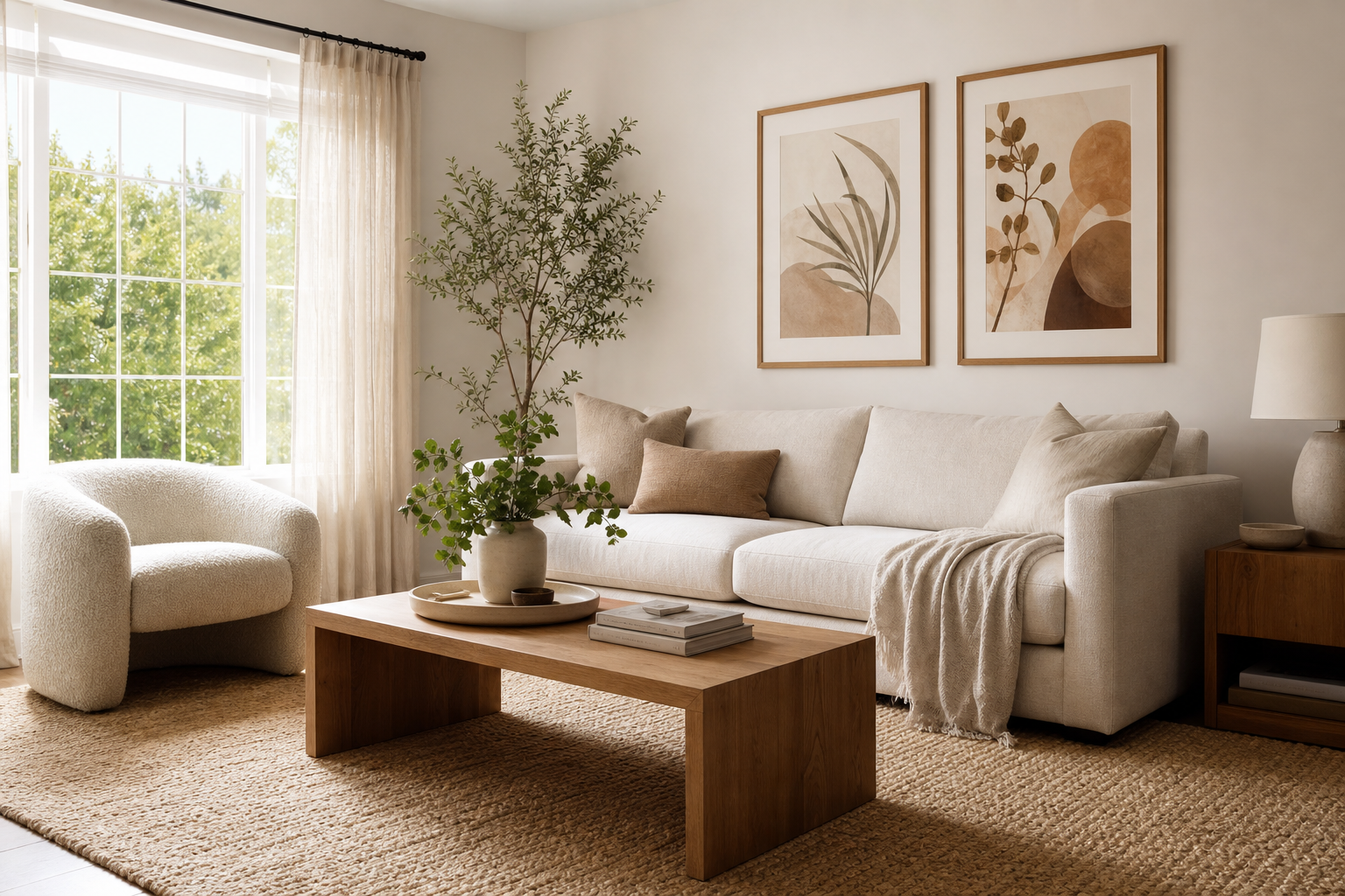 Neutral boho living room with soft layered art