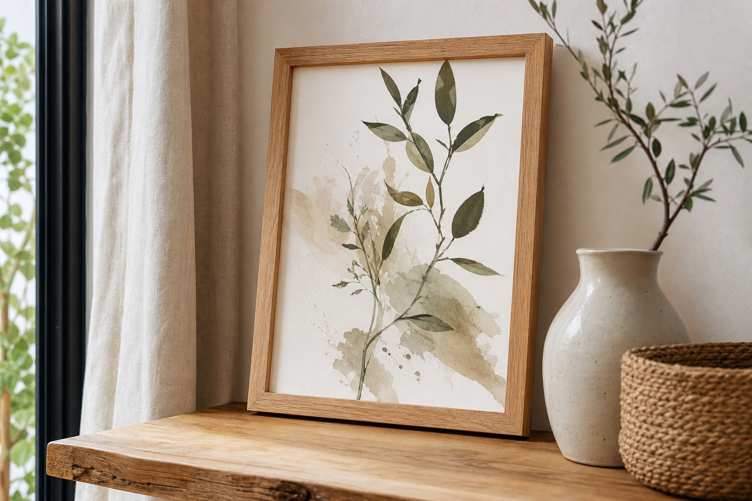 Close-up of natural wood frame in boho interior