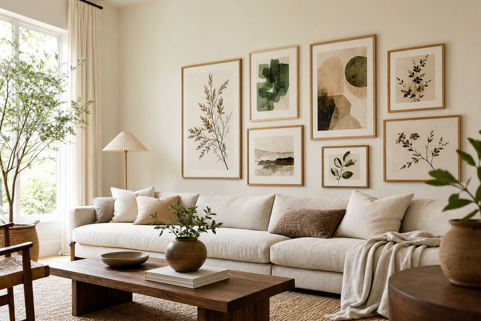 Boho wall arrangement above sofa