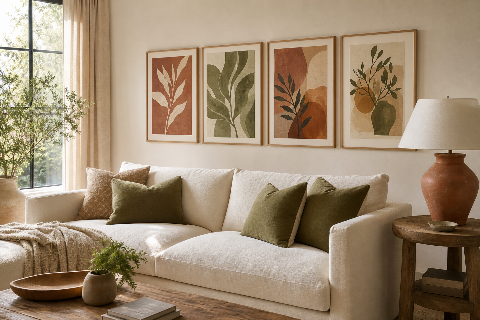 Boho living room with terracotta and olive wall art
